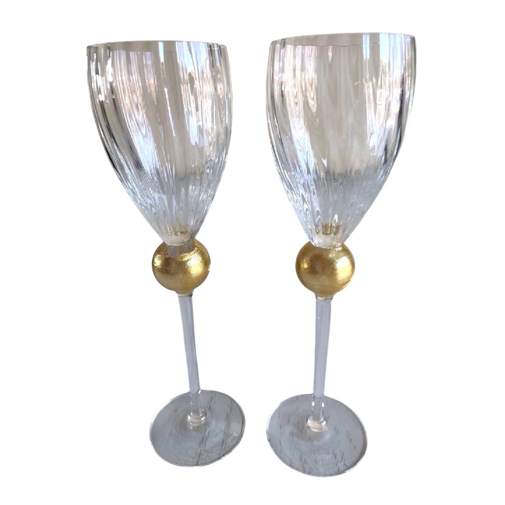 Signed Pair of Union Street Glass "Manhattan Gold" Champagne Flutes - Dated 2007